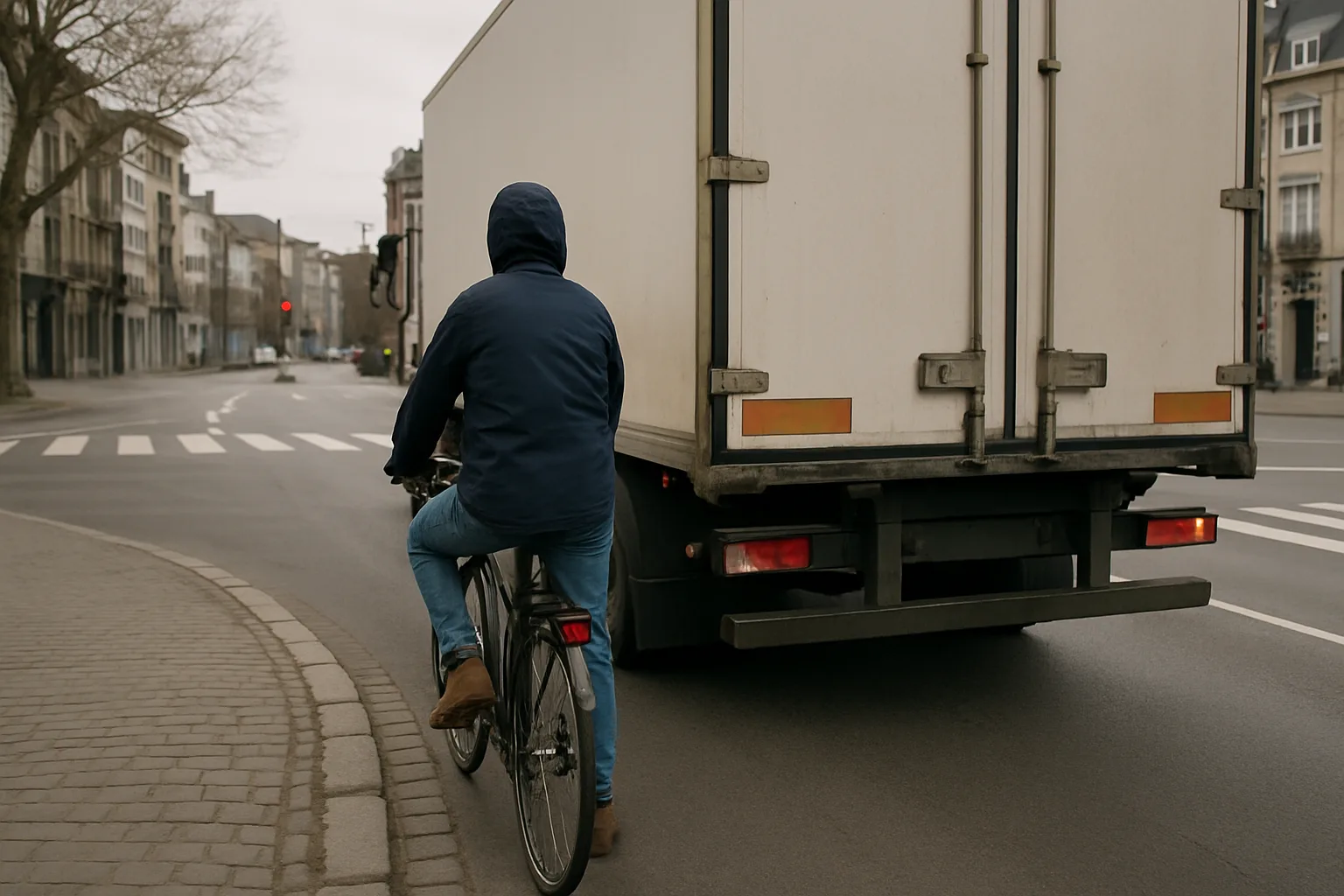 Un cycliste arrêté à droite d'un camion à un carrefour, dans la zone d'angle mort.
