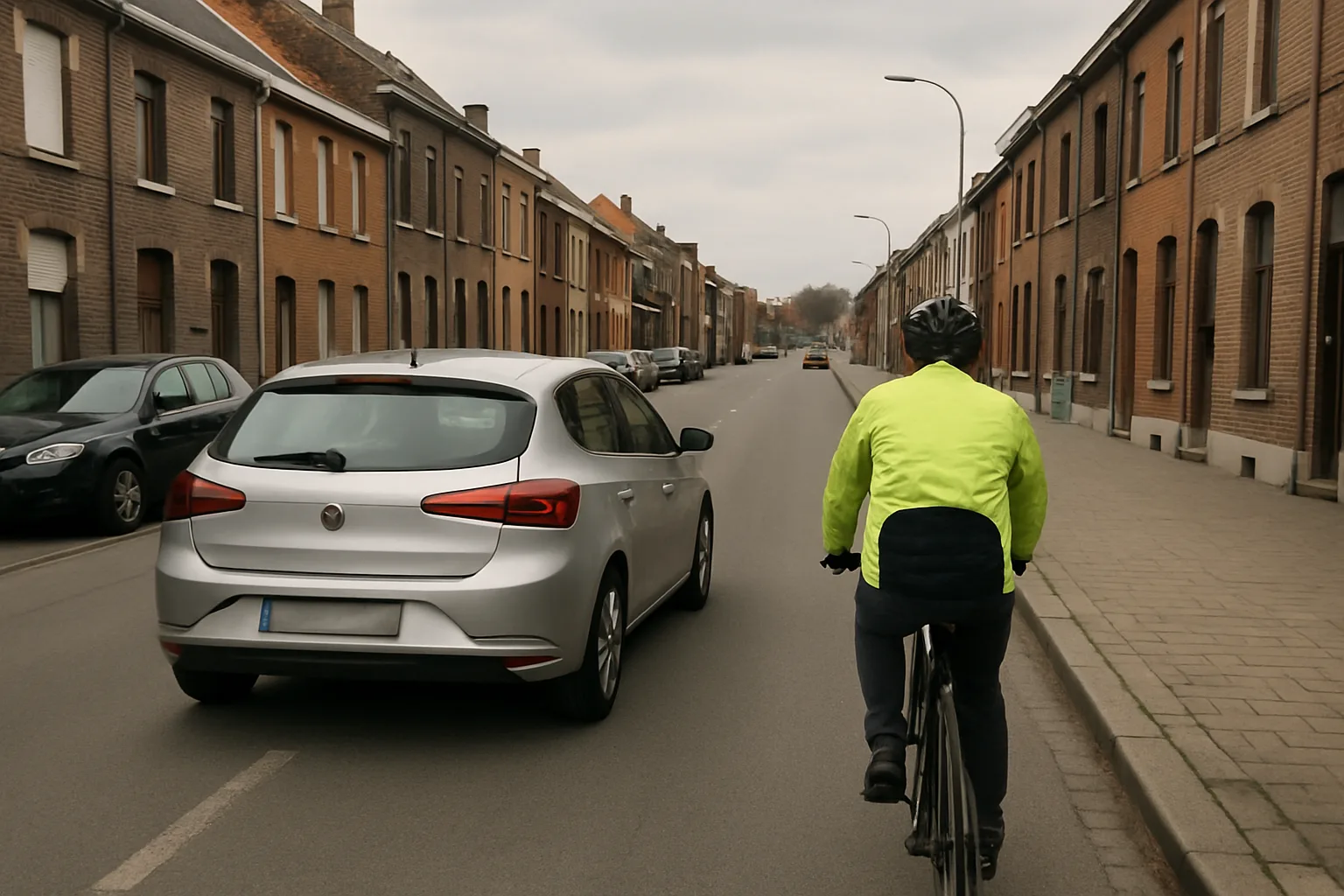 Une voiture dépasse un cycliste en laissant un large écart latéral dans une rue belge.