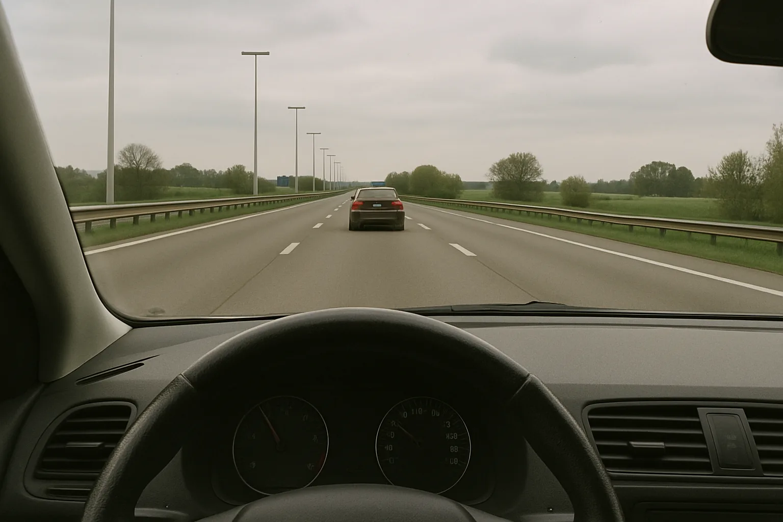 Vue depuis l'habitacle sur autoroute, avec une voiture devant à bonne distance de sécurité.