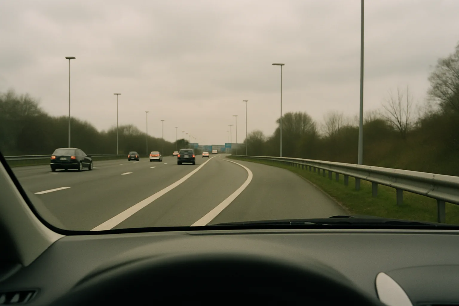 Vue depuis l'habitacle d'une voiture qui s'insère sur l'autoroute par la bande d'accélération.