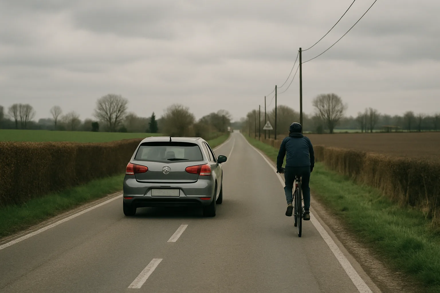 Voiture dépassant un cycliste en laissant un large écart latéral sur une route belge.