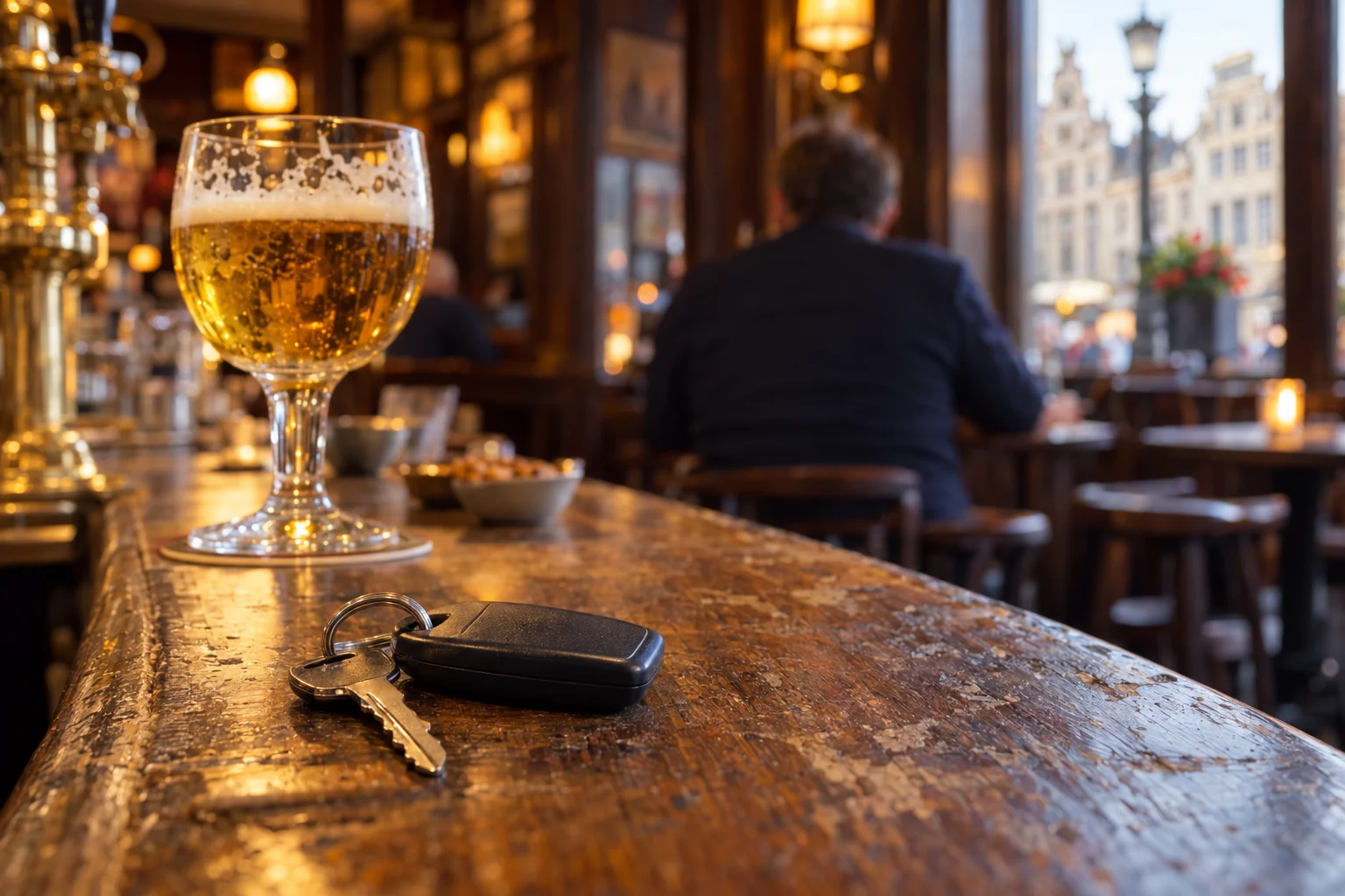 Car keys lying on the counter of a Belgian café, a blurred glass in the background.