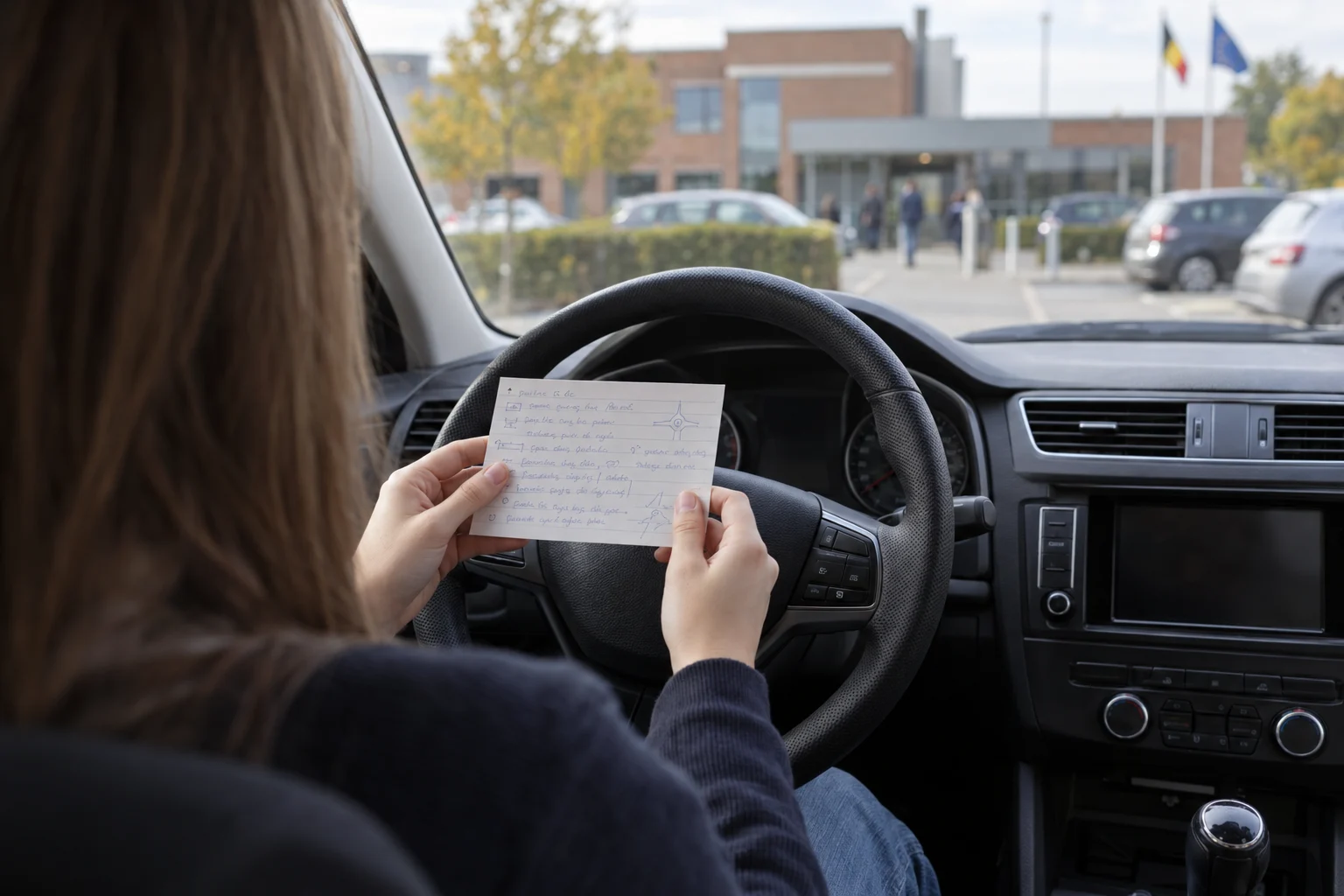 A candidate's hands holding a revision card on the steering wheel, car parked outside the exam centre.