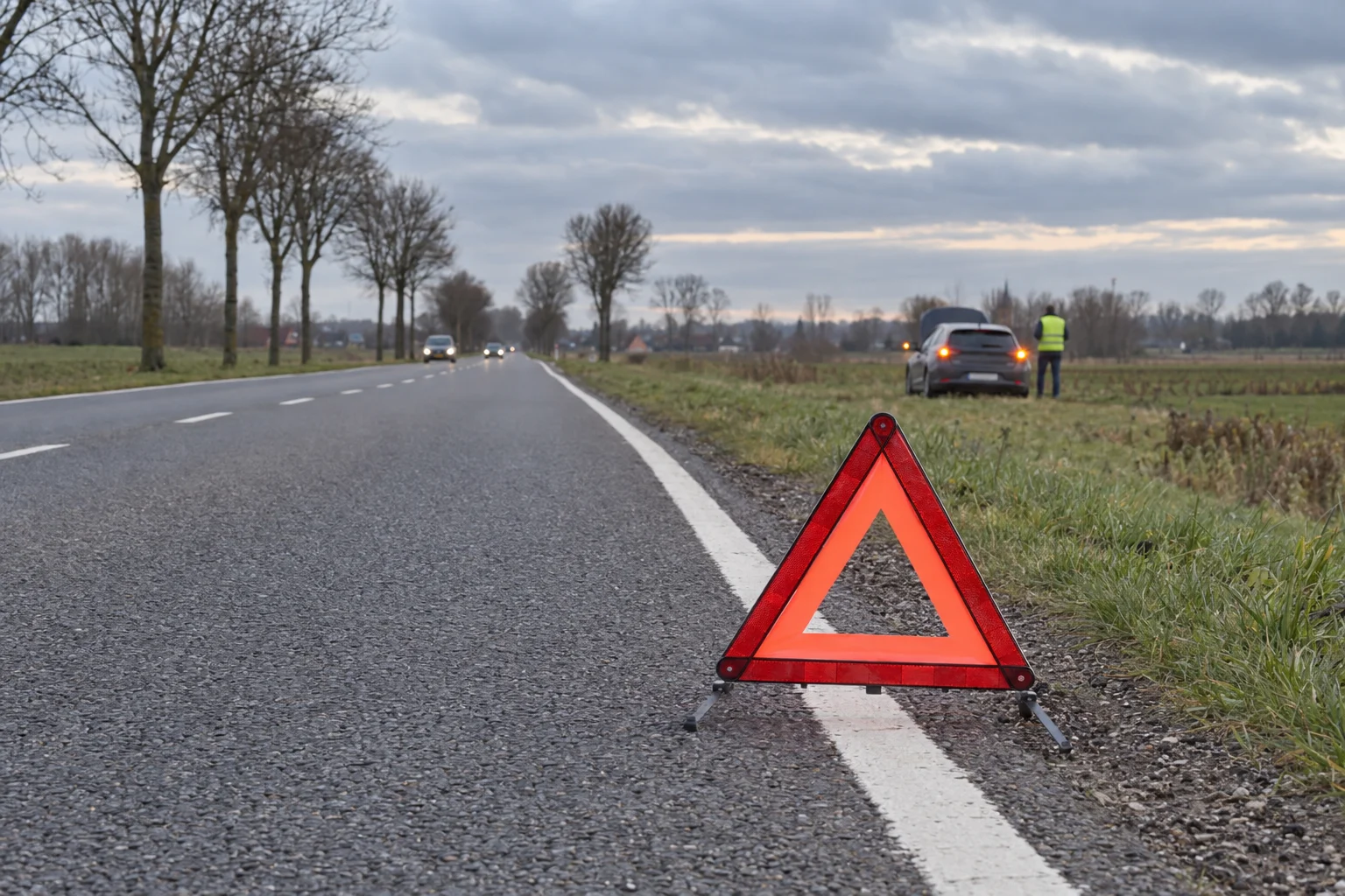 Warning triangle placed well behind a broken-down car on the verge, driver wearing a high-visibility vest.