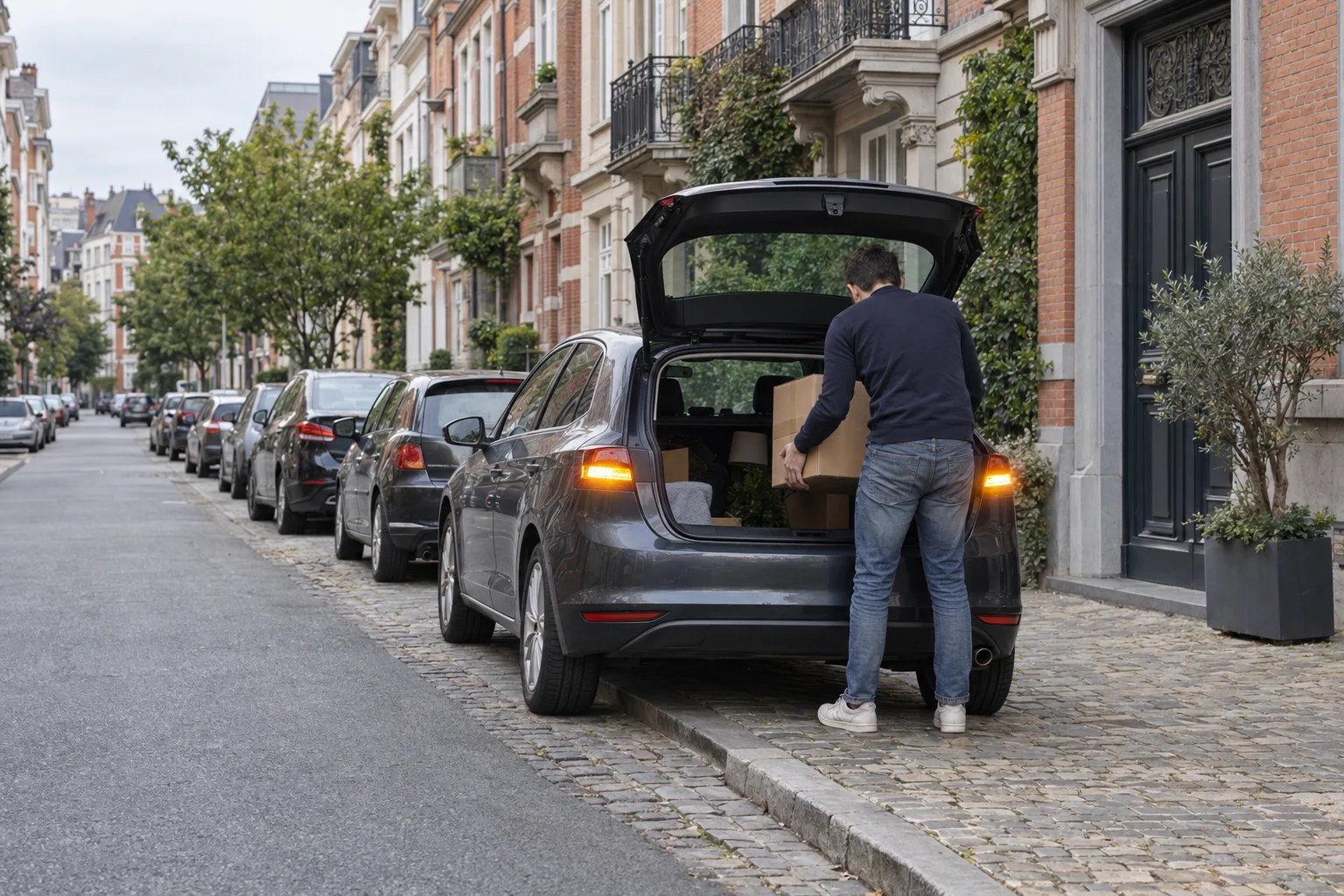 Brussels street: a car stopped at the kerb with its hazard lights on and the boot open to unload a box.