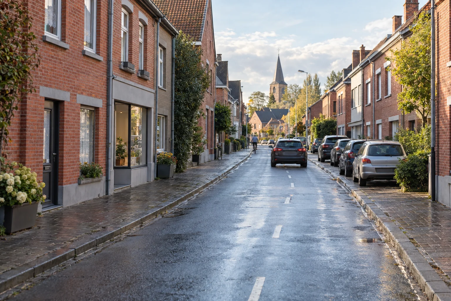 Belgian road passing through a built-up area with calm traffic.