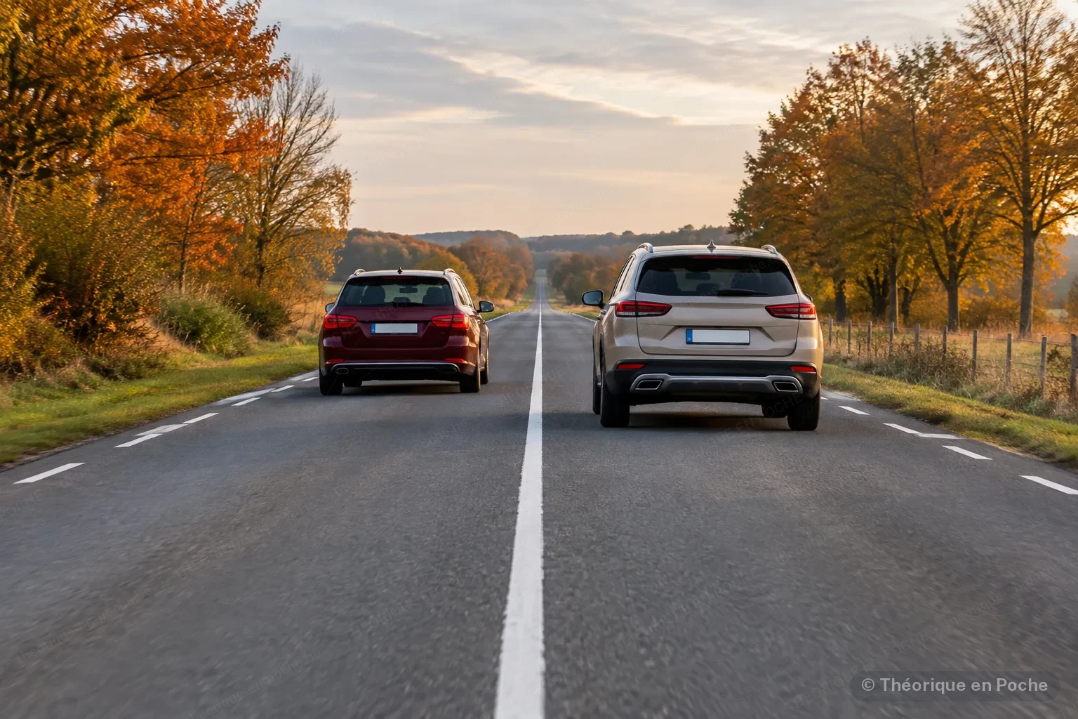 Image originale Tout pour mon permis (générée par IA, panneaux officiels) Vue de l'arrière sur une route de campagne à double sens, en automne : une voiture break rouge foncé roule sur la bande de gauche, au-delà d'une ligne blanche continue, en train de dépasser un SUV beige qui roule sur la bande de droite.