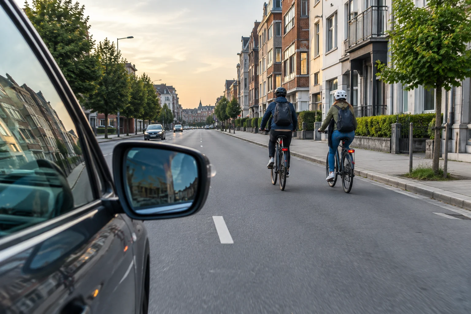 Image originale Tout pour mon permis (générée par IA, panneaux officiels) Vue depuis le rétroviseur extérieur : deux cyclistes roulent côte à côte sur une avenue urbaine.