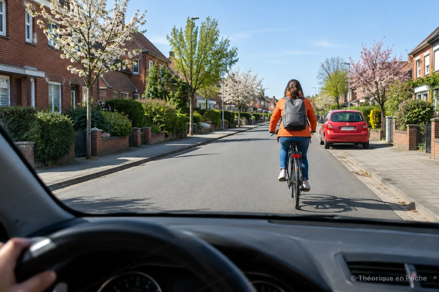 Fietser die in de stad op de rijbaan rijdt, tussen de auto's