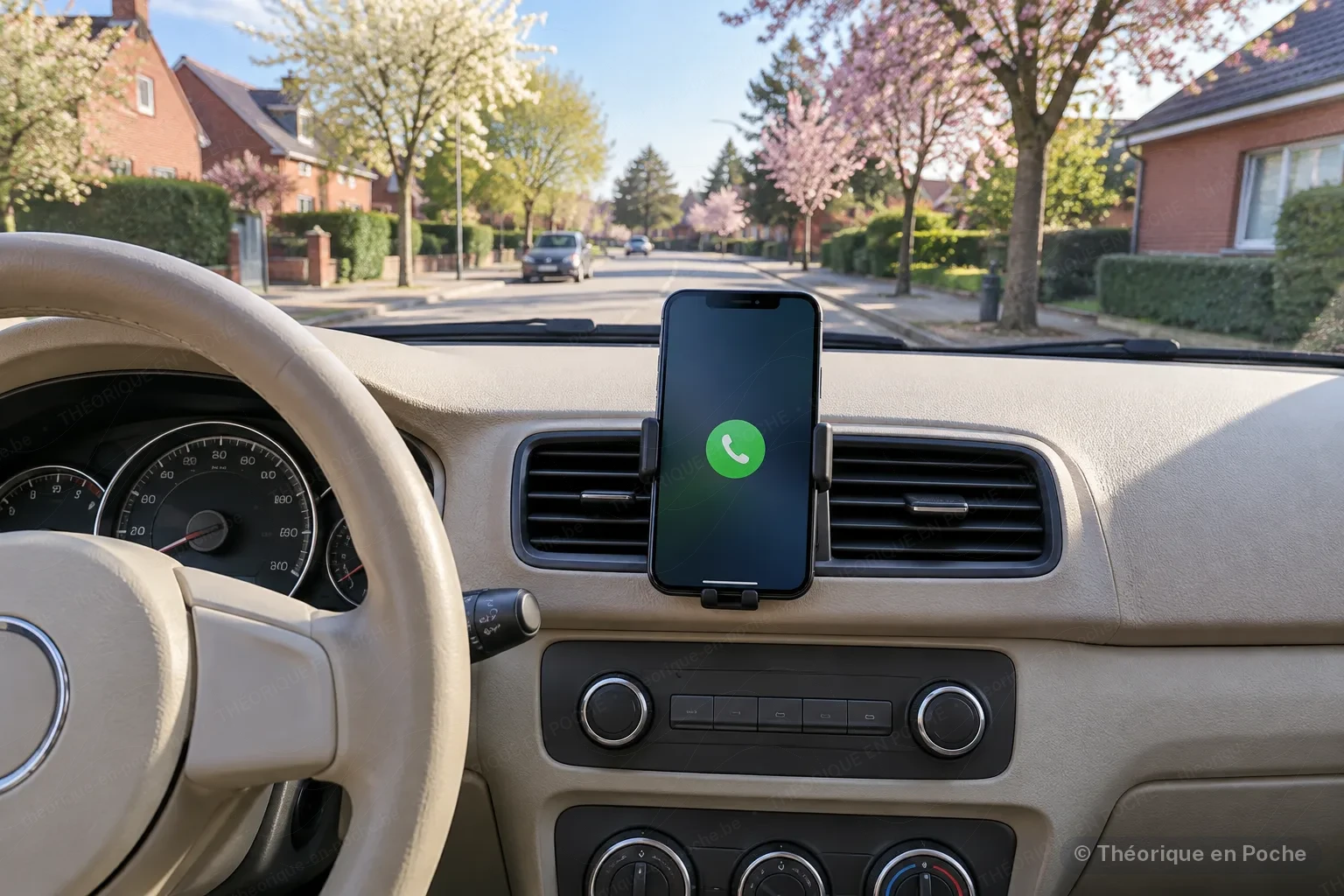 Image originale Tout pour mon permis (générée par IA, panneaux officiels) Un smartphone fixé dans un support à pince sur la grille de ventilation affiche un appel entrant, dans l'habitacle beige d'une citadine, avec une rue résidentielle floue à l'arrière-plan.