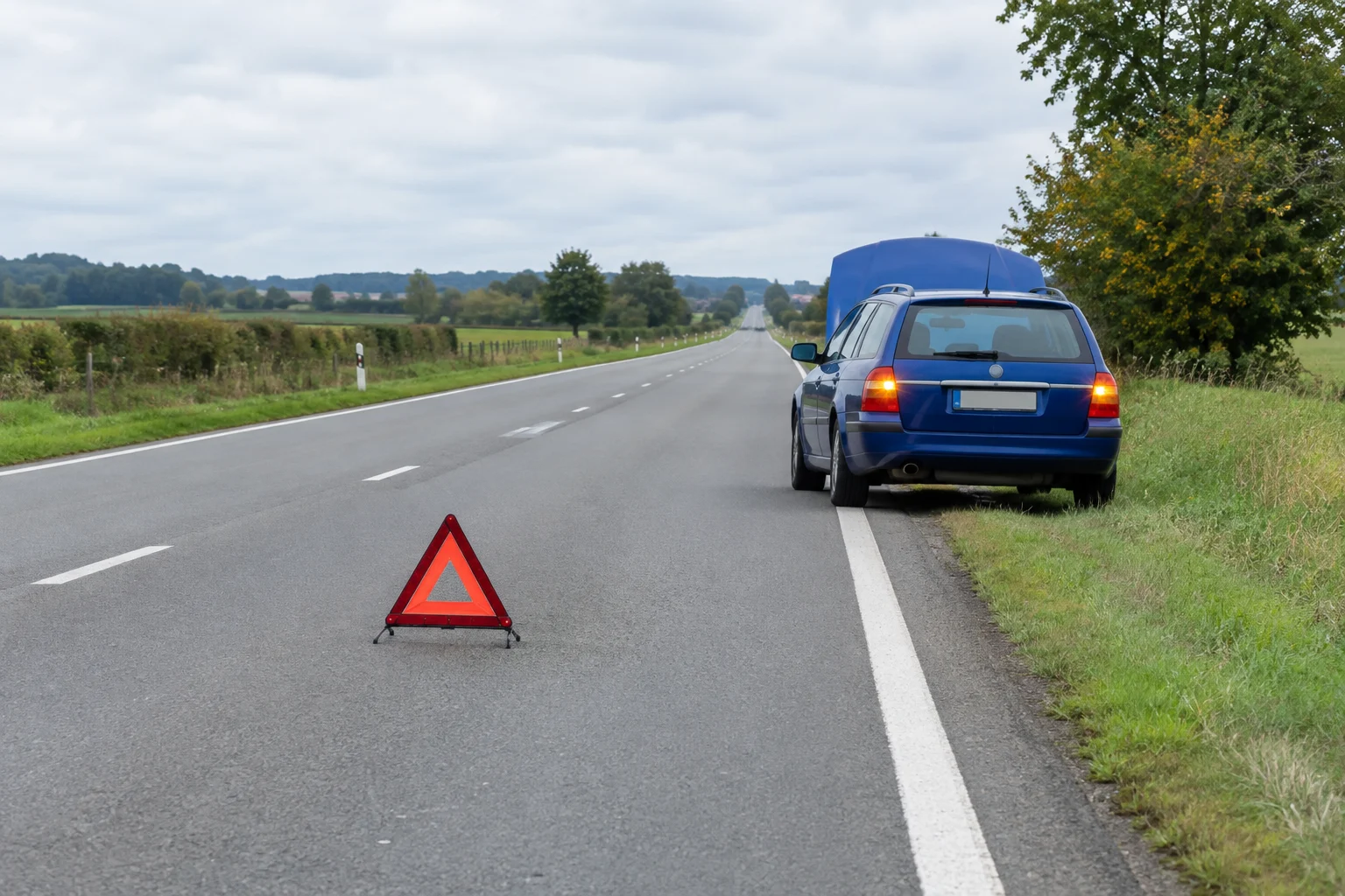 Image originale Tout pour mon permis (générée par IA, panneaux officiels) Voiture arrêtée capot ouvert sur le bord d'une route de campagne rectiligne.