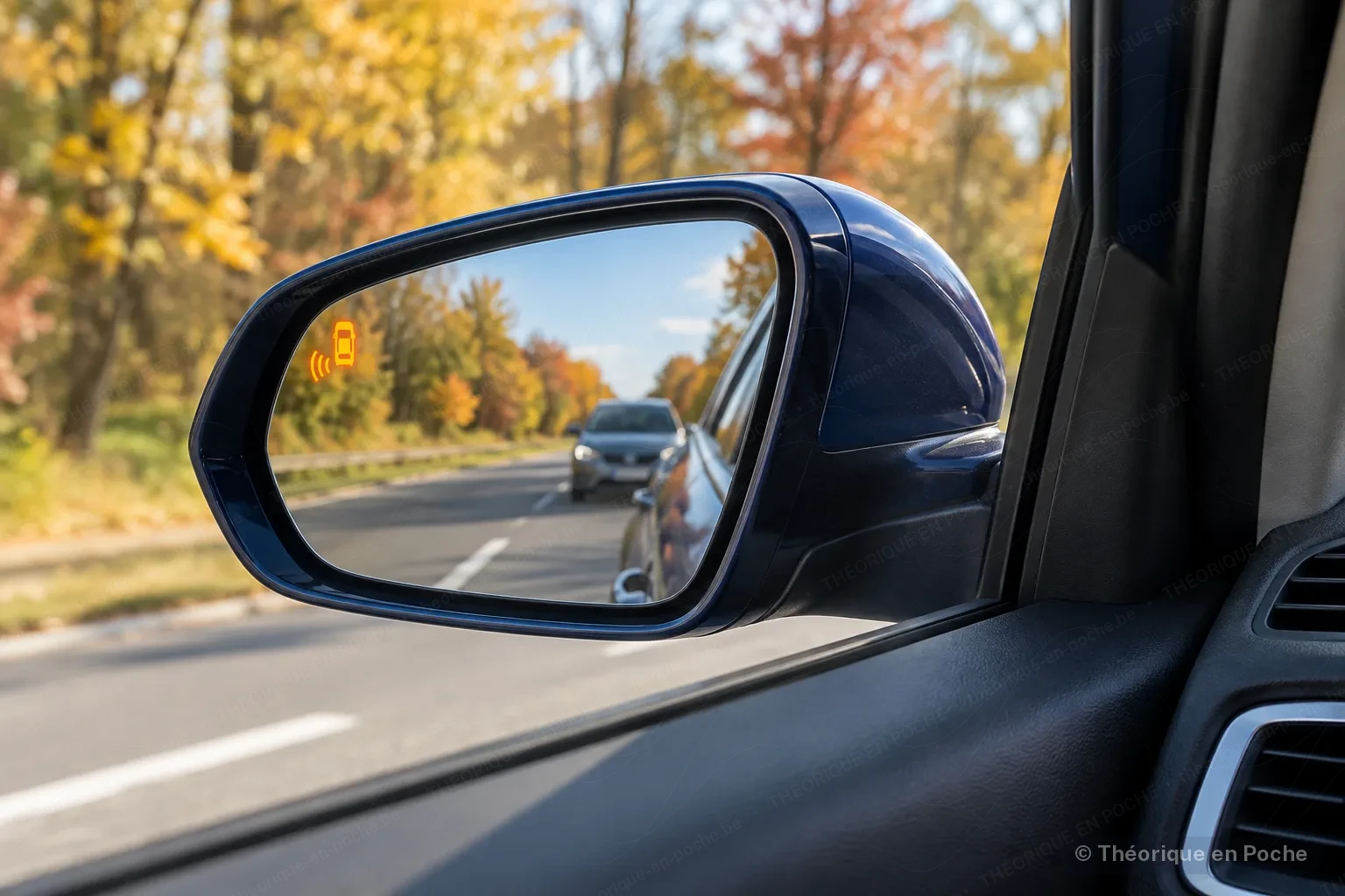 Image originale Tout pour mon permis (générée par IA, panneaux officiels) Vu depuis le siège du conducteur, le rétroviseur extérieur gauche d'une voiture bleu foncé, dans lequel un pictogramme orange de voiture accompagné d'ondes est allumé ; derrière la vitre, des arbres d'automne jaunes et roux, flous.