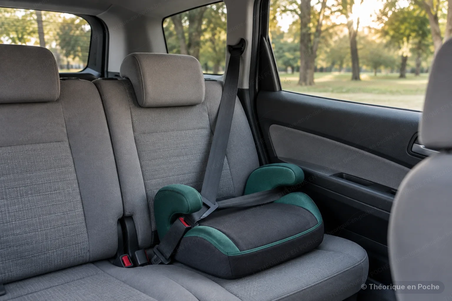 Image originale Tout pour mon permis (générée par IA, panneaux officiels) Rehausseur pour enfant vert forêt et gris anthracite, installé sur la banquette arrière d'un monospace, ceinture de sécurité bouclée à vide.