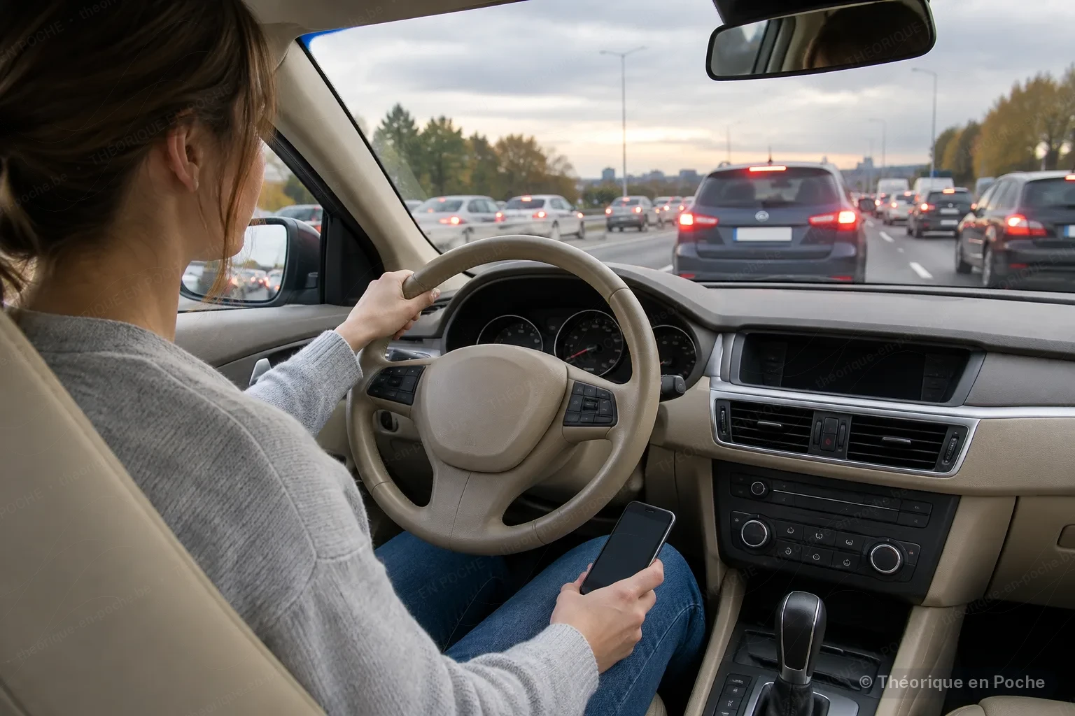 Bestuurder die zijn telefoon in de hand houdt achter het stuur