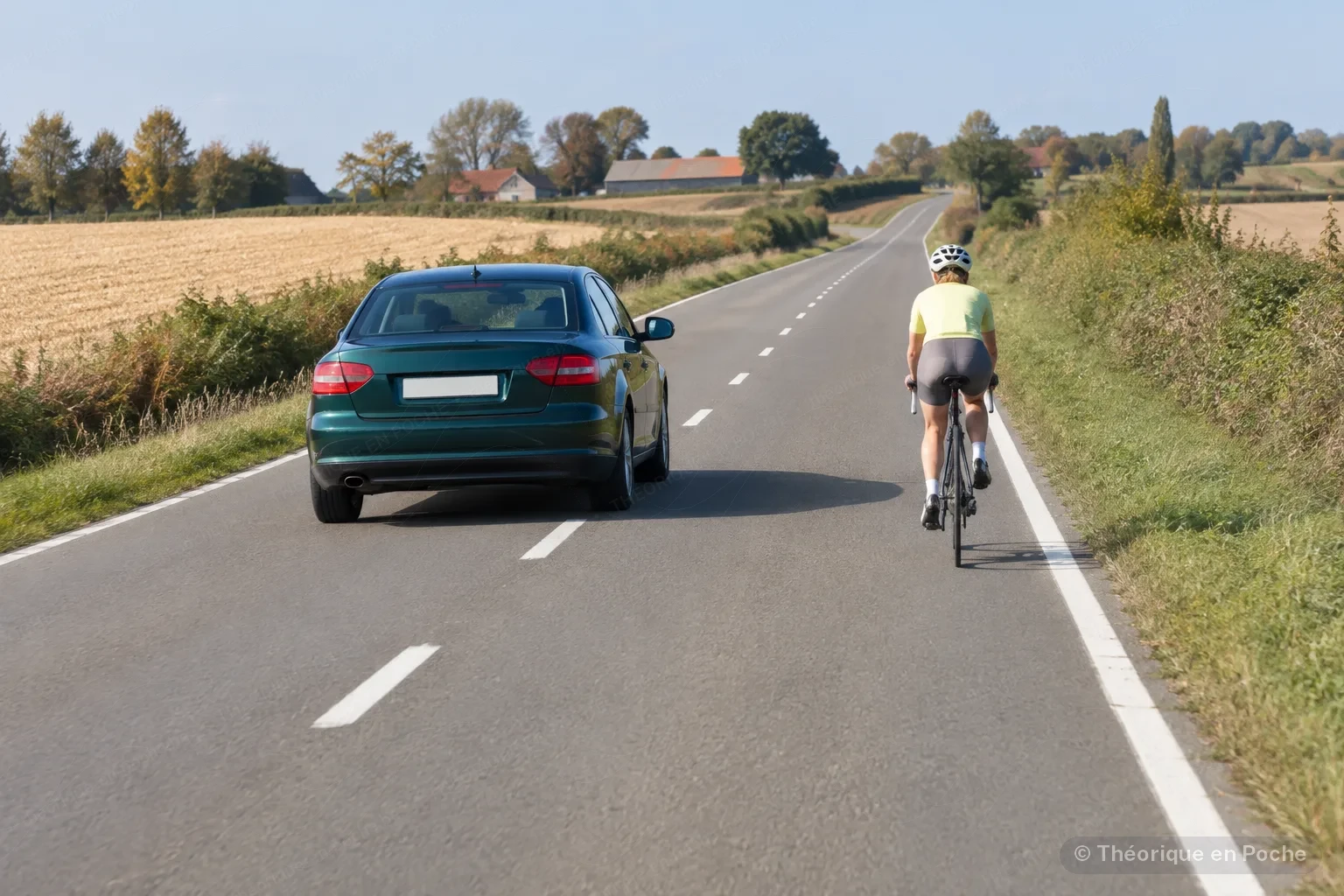 Image originale Tout pour mon permis (générée par IA, panneaux officiels) Sur une route de campagne, une berline vert foncé se déporte largement vers la gauche pour dépasser une cycliste en maillot jaune pâle qui roule au bord droit de la chaussée, entre des champs moissonnés.