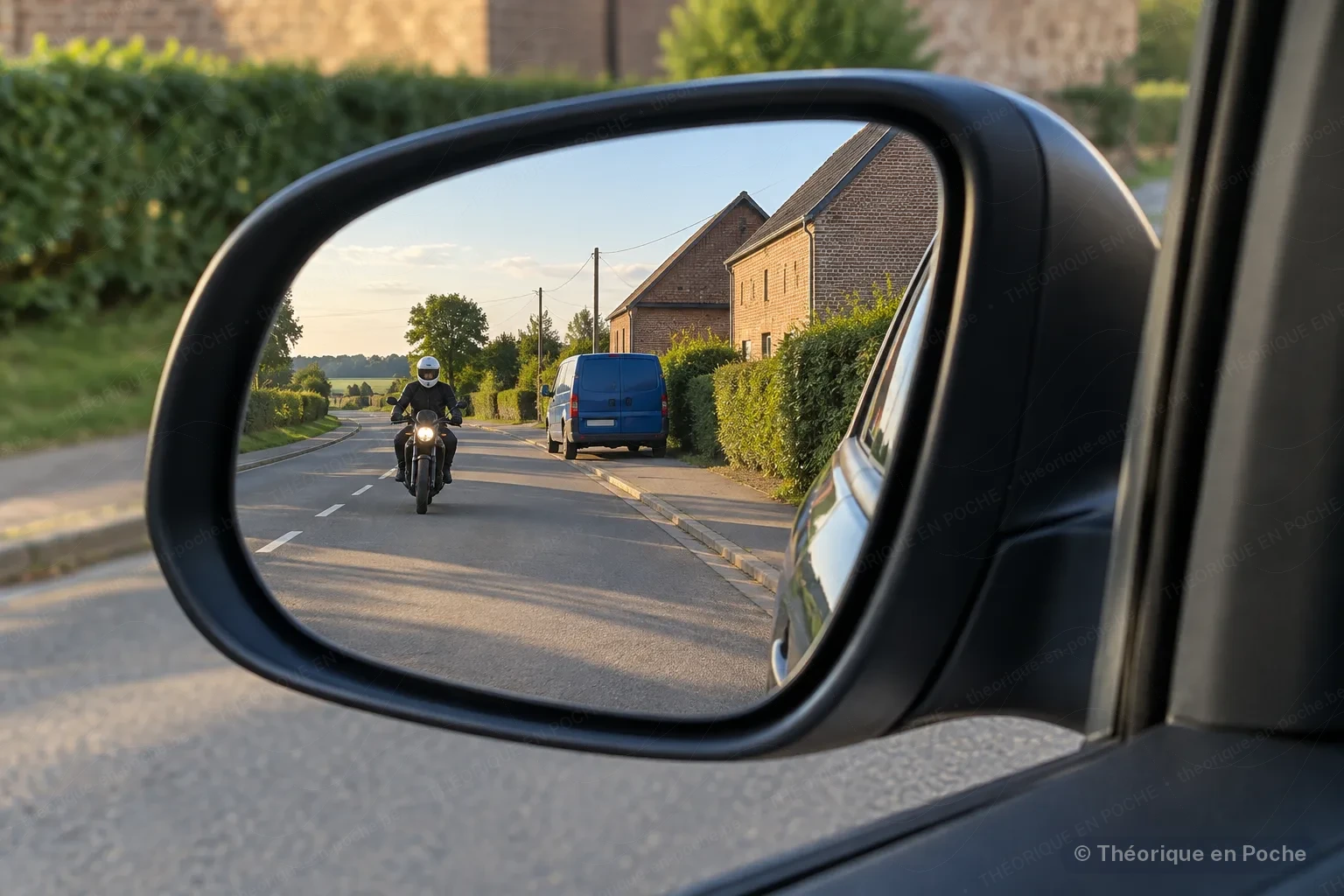 Image originale Tout pour mon permis (générée par IA, panneaux officiels) In a car's wing mirror, a motorcyclist in a black jacket is visible behind, with a blue van parked further along a country street.
