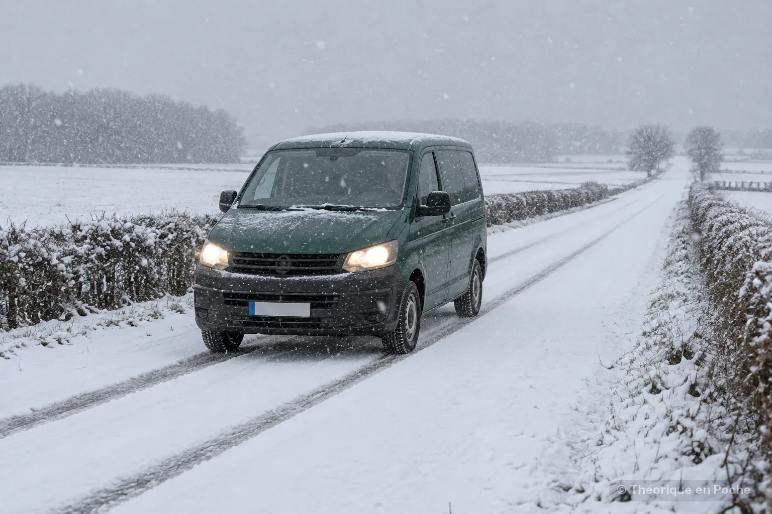 Image originale Tout pour mon permis (générée par IA, panneaux officiels) Un utilitaire léger vert foncé roule lentement sur une route de campagne entièrement recouverte de neige fraîche, sous une chute de neige continue, ses feux de croisement allumés.