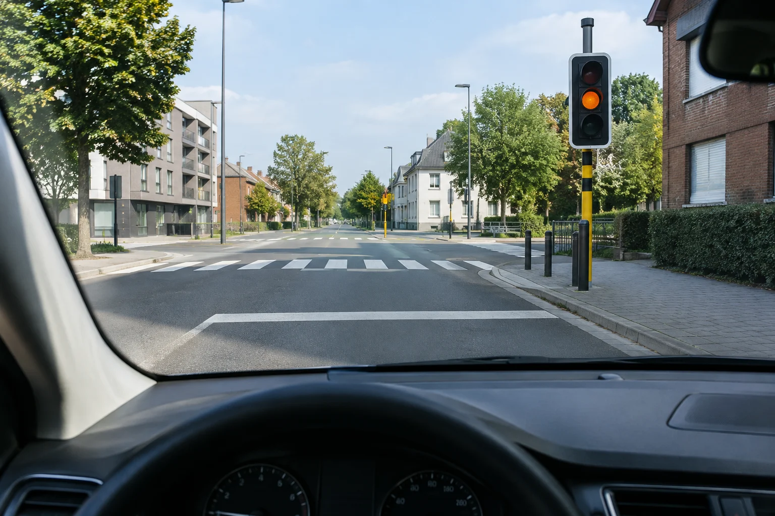 Image originale Tout pour mon permis (générée par IA, panneaux officiels) Feu de signalisation à l'orange à l'approche d'un carrefour